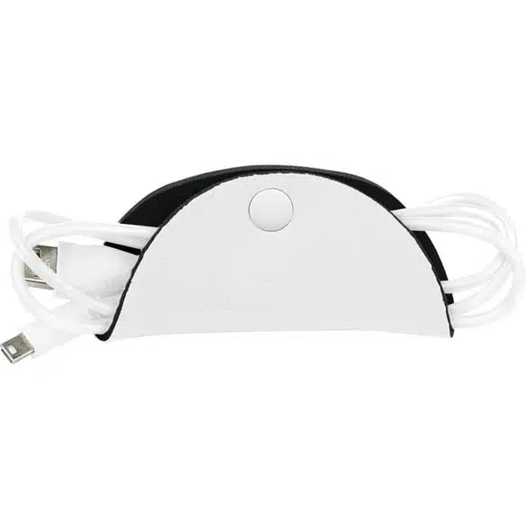 A picture of a white cord holder and a cord