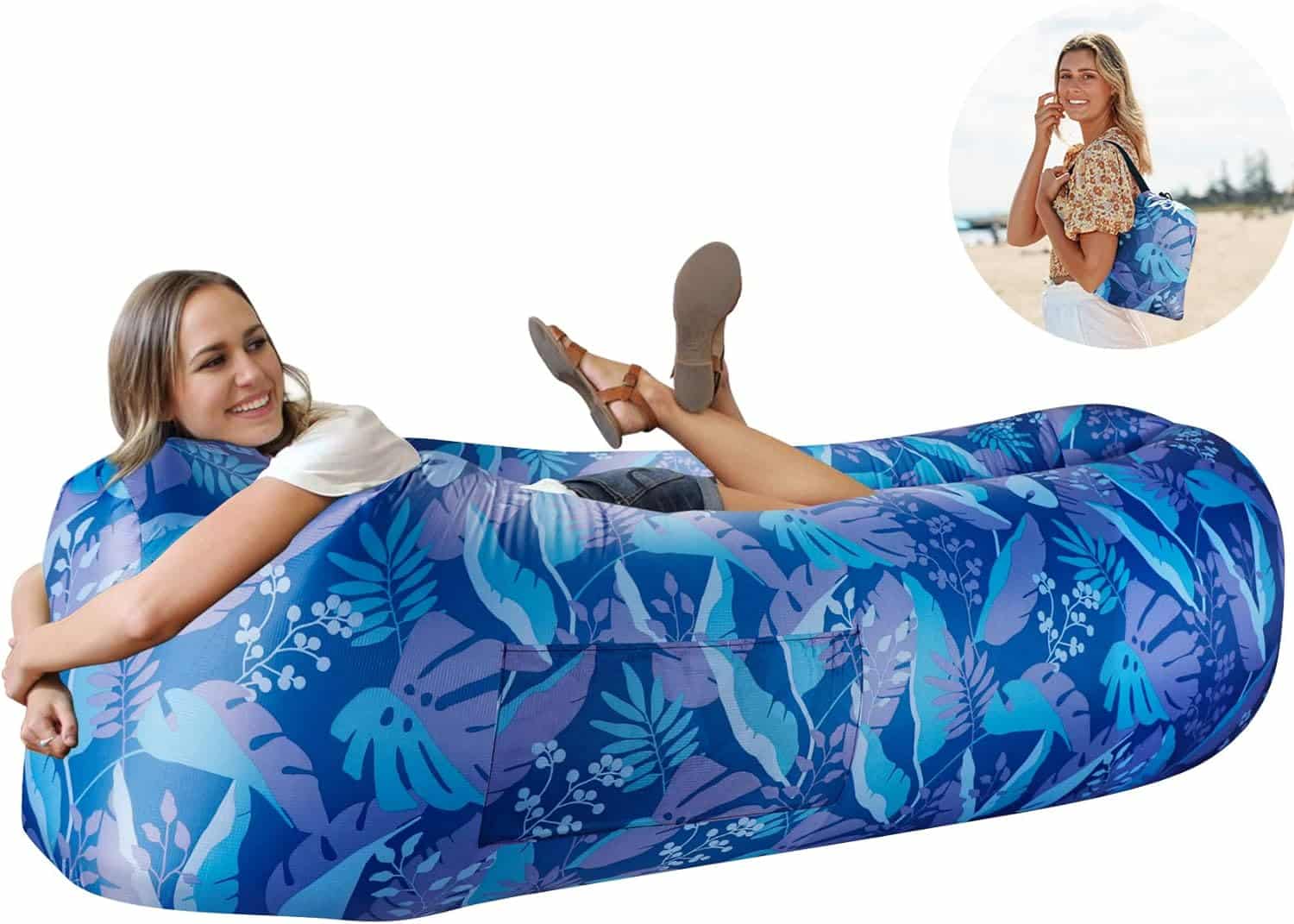 A picture of a smiling woman laying on an inflatable hammock