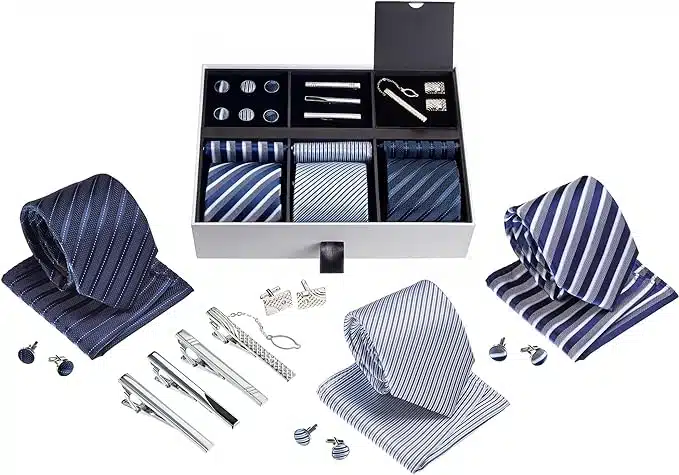 A picture of blue ties and accessories