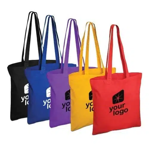 A picture of five colored tote bags